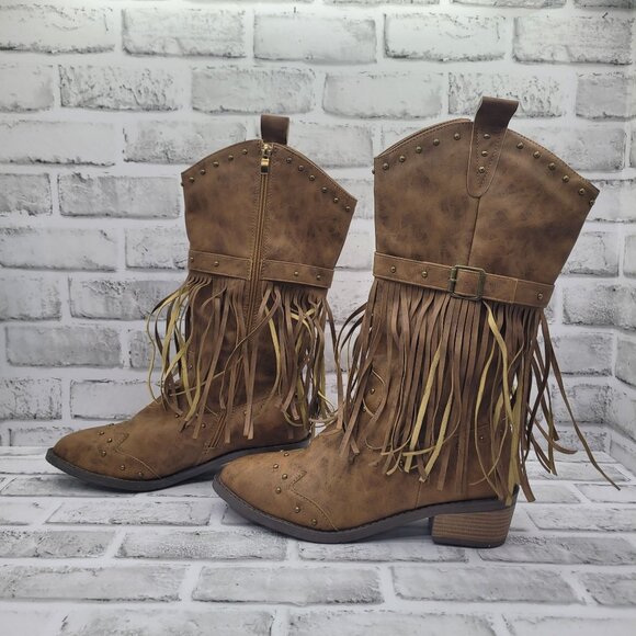 NWOB Tassel Fringe Cowgirl Boots Unbranded Faux Leather Size 42 EU 10 US Tan - Picture 2 of 6